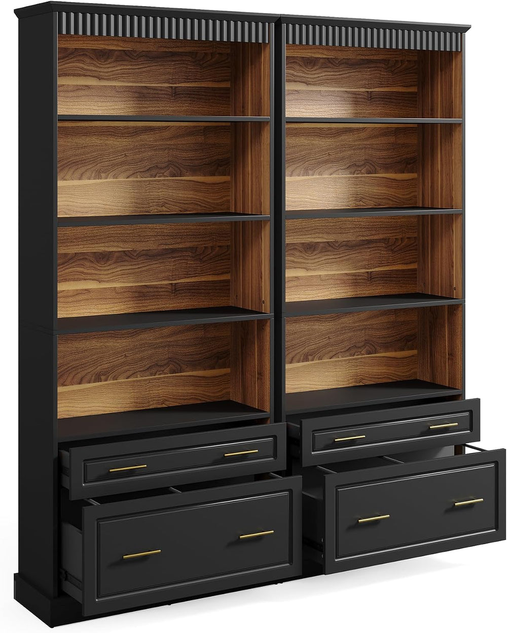 LITTLE TREE 72" Tall Black Bookcase with 2 Drawers, 5-Tier Bookshelf wit...
