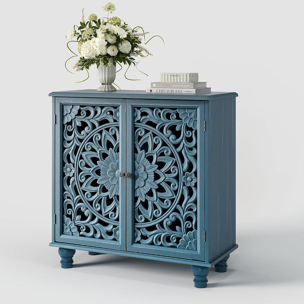 JOINICE 31" Accent Storage Cabinet with Carved Doors,Mandala Blue | Carved Floral Design, Solid Wood Legs, Versatile Storage for Living Room & Bedroom & Hallway, Adjustable Shelf, Easy Assembly