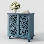 JOINICE 31" Accent Storage Cabinet with Carved Doors,Mandala Blue | Carved Floral Design, Solid Wood Legs, Versatile Storage for Living Room & Bedroom & Hallway, Adjustable Shelf, Easy Assembly