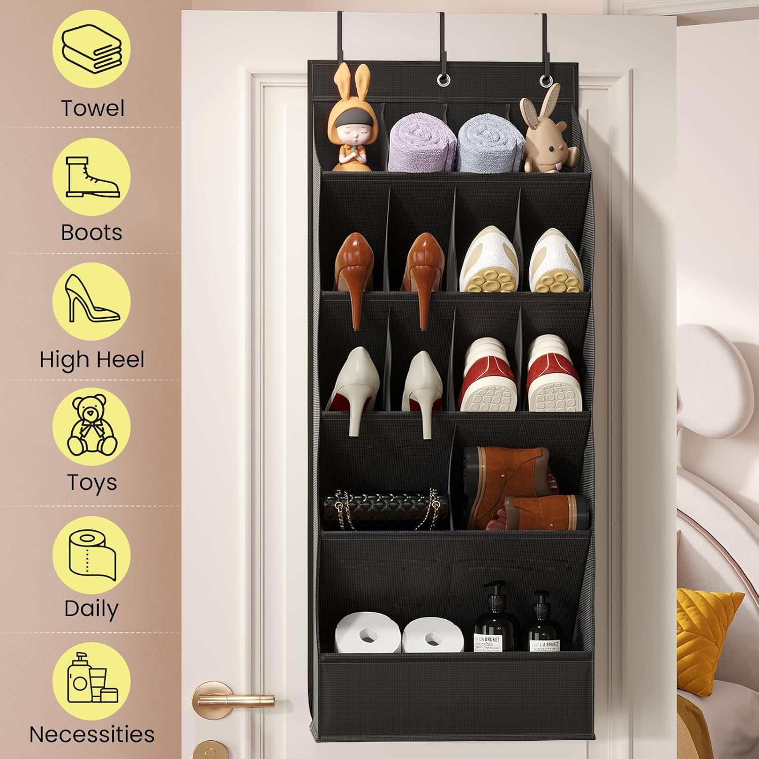 Mefirt Over the Door Shoe Rack for Closet Fit 18+ Pairs, Door Shoe Organizer with Large Breathable Pockets, Hanging Shoes Rack Fit Boots, Behind the Door Shoe Holder for Categorized Storage, Black