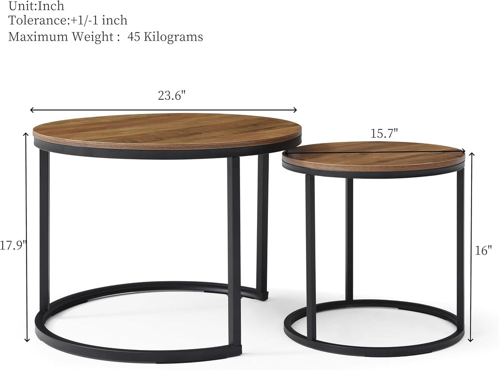Nesting Coffee Table, Round Coffee Tables with Walnut Top and Black Metal Fra...