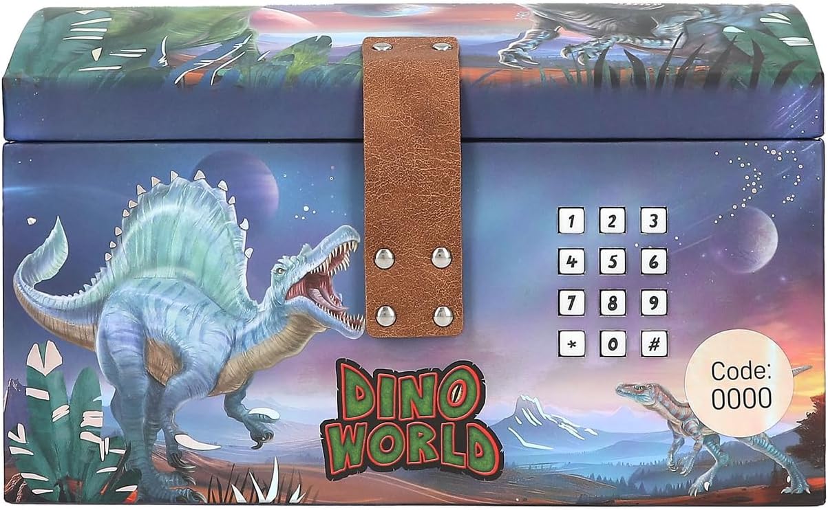 Depesche 13441 Dino World Treasure Chest in Dino Design with Planets, Storage Box with Code, Sound and Light