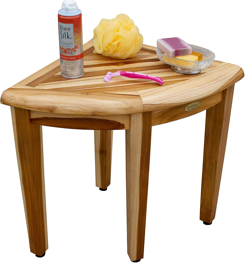 EcoDecors Snazzy Corner 18” Teak Corner Shower Bench, Bath Shower Stool
