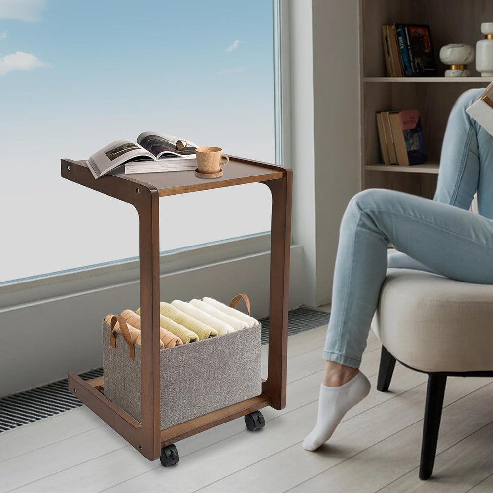 Bacocoo 40cm C Shaped End Table,Natural Wood Color Rubber Wood Small Side Tab...
