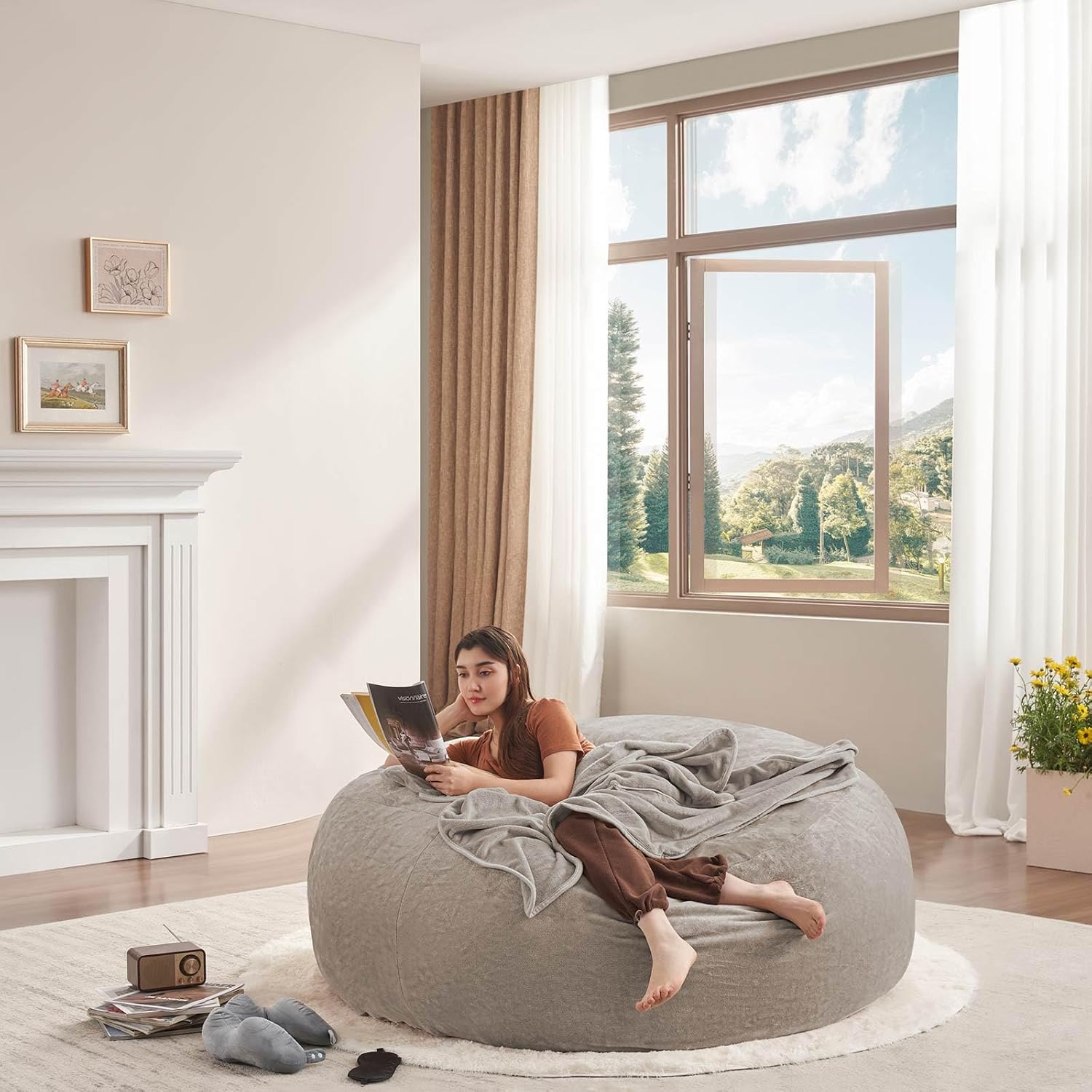 Jumbo Bean Bag Chair for Adults，6FT，Bean Bags with Filler Included，Memory Foam Chair，Removable and Washable Flannel Cover, Suitable for Living Room, Bedroom and Dormitory. (Khaki)