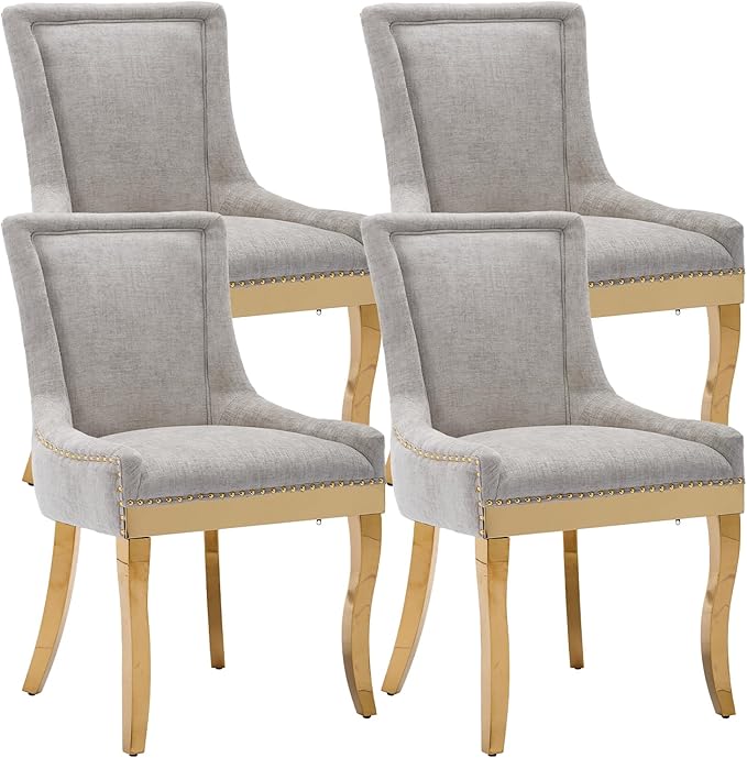 Upholstered Dining Chairs Set of 4, Modern Fabric Side Chairs with Gold Stainless Steel Legs, Accent Kitchen Chairs for Dining Room Table, Beige