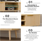 TV Stand for Living Room, Boho Entertainment Center for 55/60 inch TVs, Media Console with Fluted Door Cabinets and Open Shelves, for Bedroom, Oak