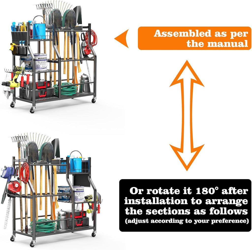 Large Garden Tool Organizer, 36" L x 37.25" H Metal Yard Tool Storage Rack with Multi Tier Shelves, Long-Handle Tool Holder with Wide & Narrow Slots, Hooks & Storage Pockets for Garage