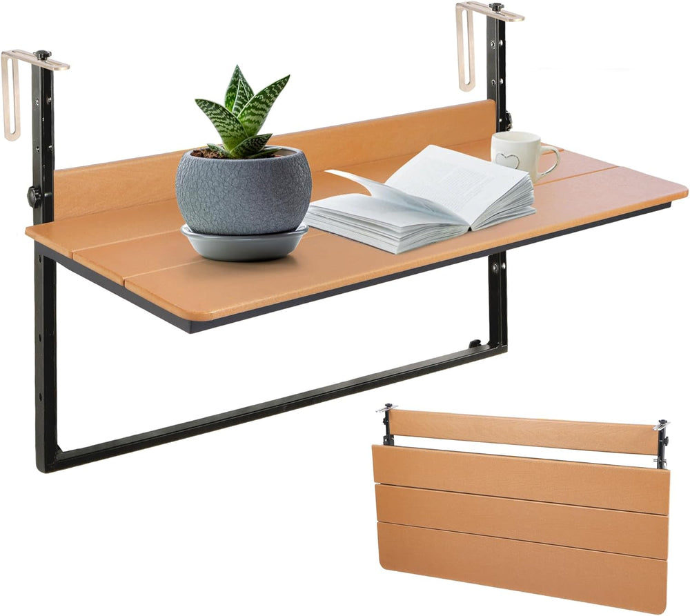 HDPE 39.3" Outdoor Folding Balcony Bar Table for Railings, Teak