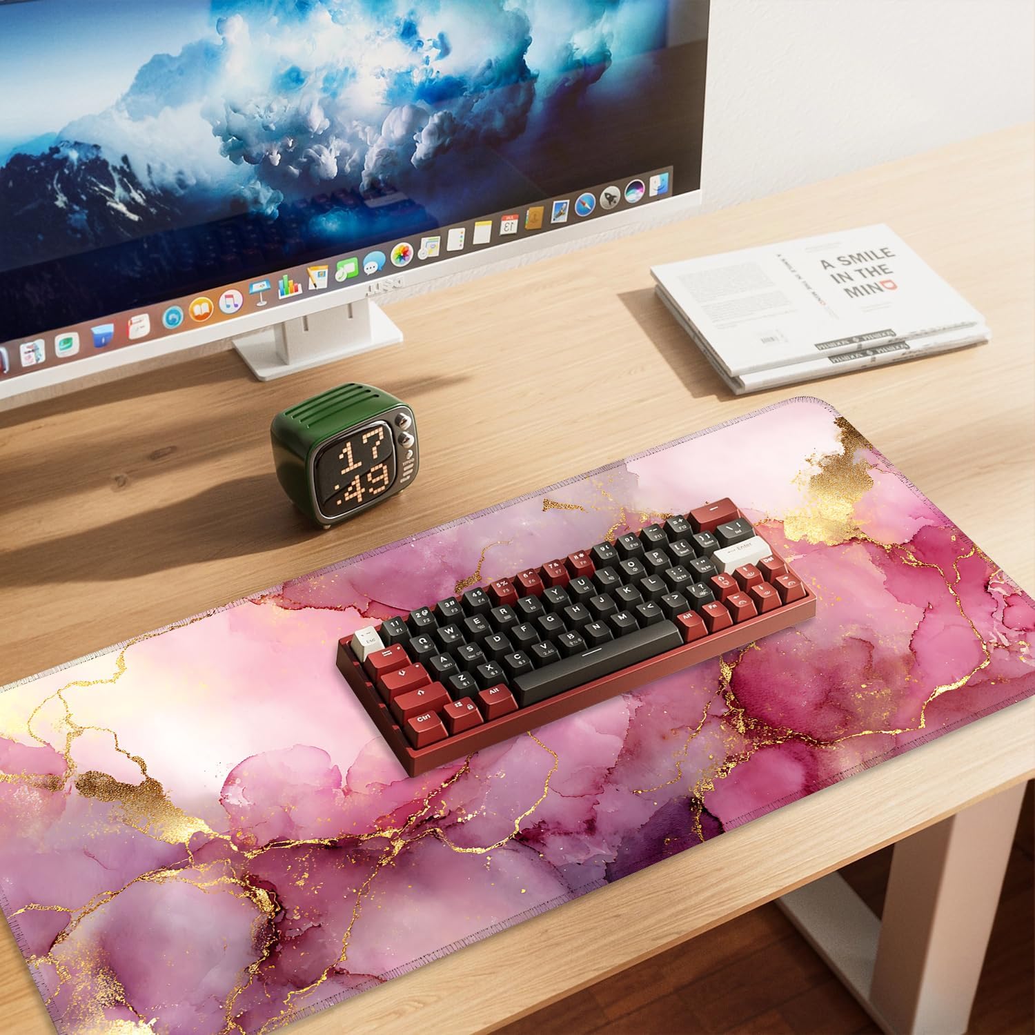 Pink Marble Ink Mouse Pad – Large Extended Desk Mat 35.43 x 15.75 in – Elegant Watercolor Gold Foil Design, Waterproof Surface, Non-Slip Rubber Base, Keyboard & Mouse Pad for Office or Gaming
