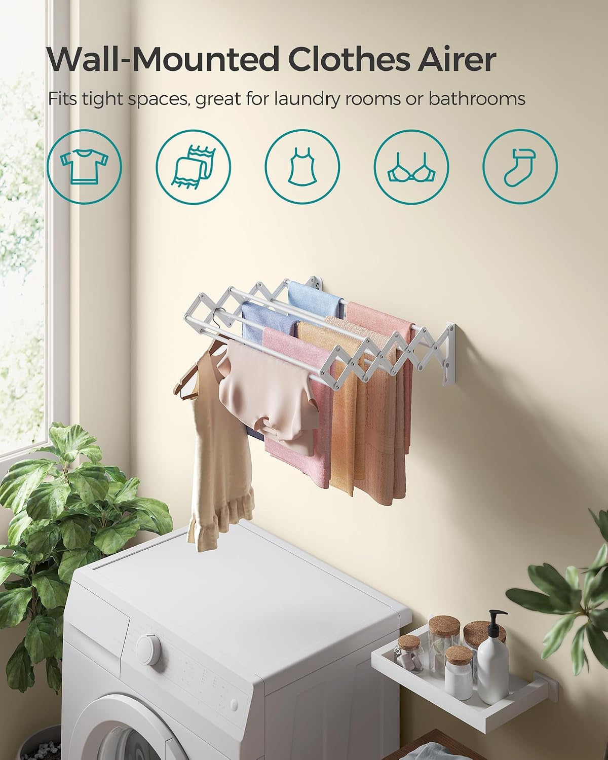 SONGMICS Clothes Drying Rack, Wall-Mounted Drying Rack Clothing, Small Accordion Laundry Rack, 9 Staggered Hanging Rods, Expandable and Retractable, Cloud White ULLR802W01