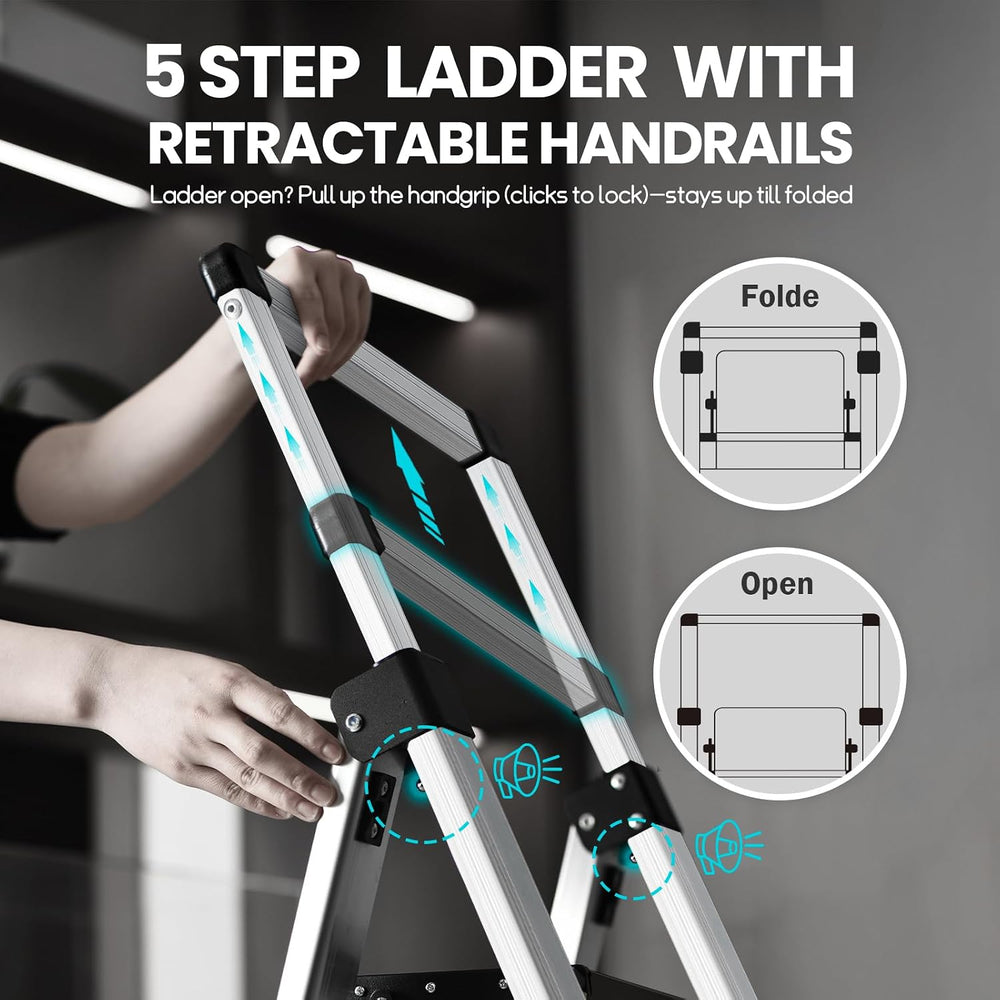 4 Step Ladder Folding Aluminum Stool Retractable Handrail