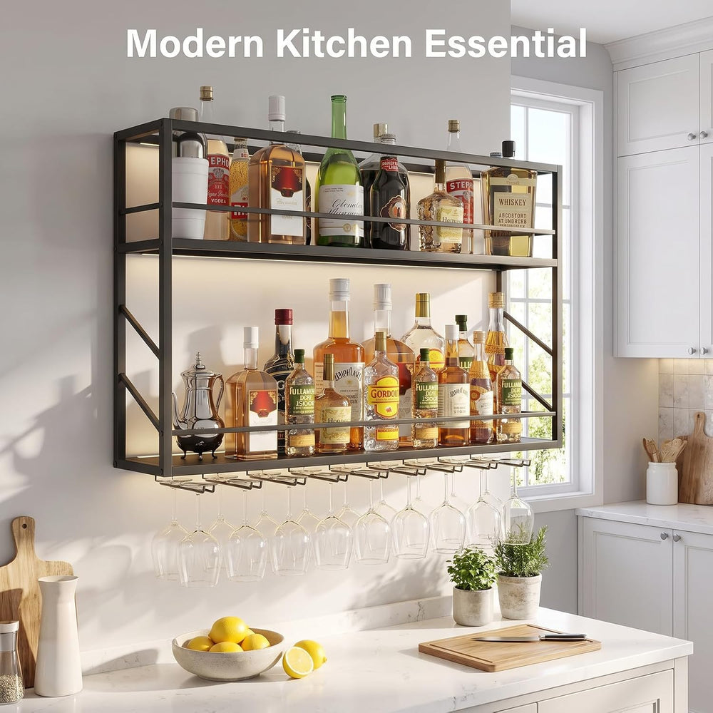 2-Tier Wall Mounted Wine Rack with LED, 31.5”W x 7.8”D x 26”H | Metal Bar Liq...