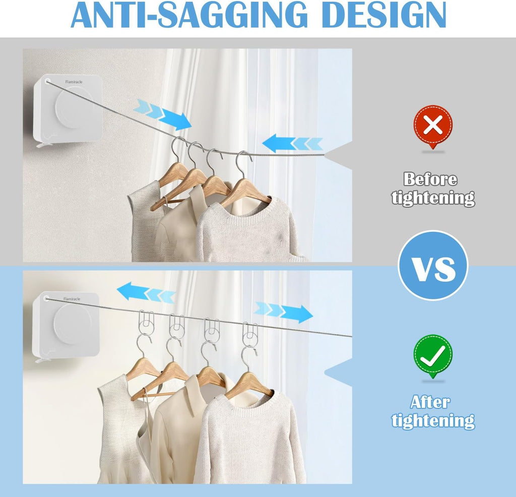 Retractable Clothesline Indoor, Non-Sagging Outdoor Clothes Line Retracting 15.7 Feet Heavy Duty Laundry Line Retractable Wall Mounted Clothes Line Outdoors (Square-White)