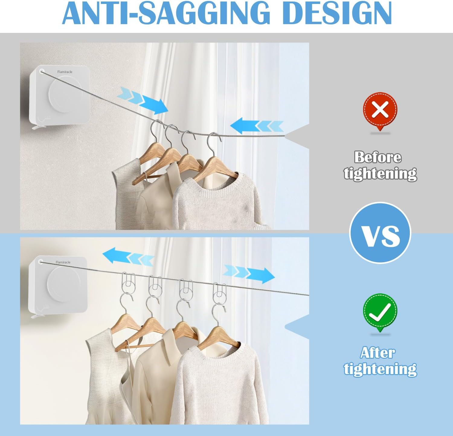 Retractable Clothesline Indoor, Non-Sagging Outdoor Clothes Line Retracting 15.7 Feet Heavy Duty Laundry Line Retractable Wall Mounted Clothes Line Outdoors (Square-White)