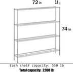 14" Deep x 72" Wide x 74" Height Wire Shelving Kit | 4-Tier | NSF Commercial Storage Rack Unit