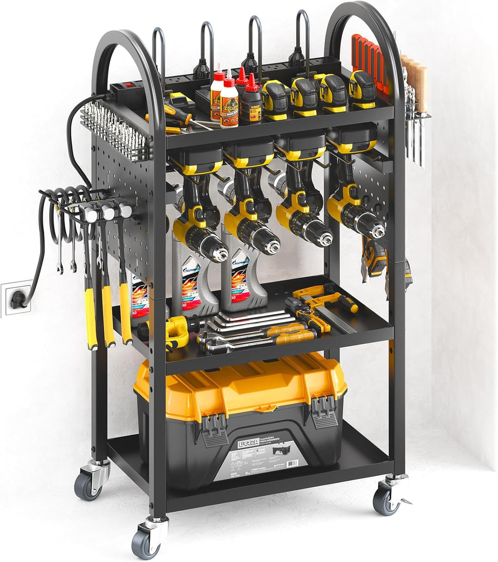 Warome Large Power Tool Organizer Cart with Charging Station, Rolling Utility Cart with 8-Outlet Movable Power Strip, Floor Standing Drill and Battery Holder,Tool Cart on Wheels for Garage Storage