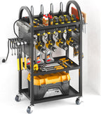 Warome Large Power Tool Organizer Cart with Charging Station, Rolling Utility Cart with 8-Outlet Movable Power Strip, Floor Standing Drill and Battery Holder,Tool Cart on Wheels for Garage Storage