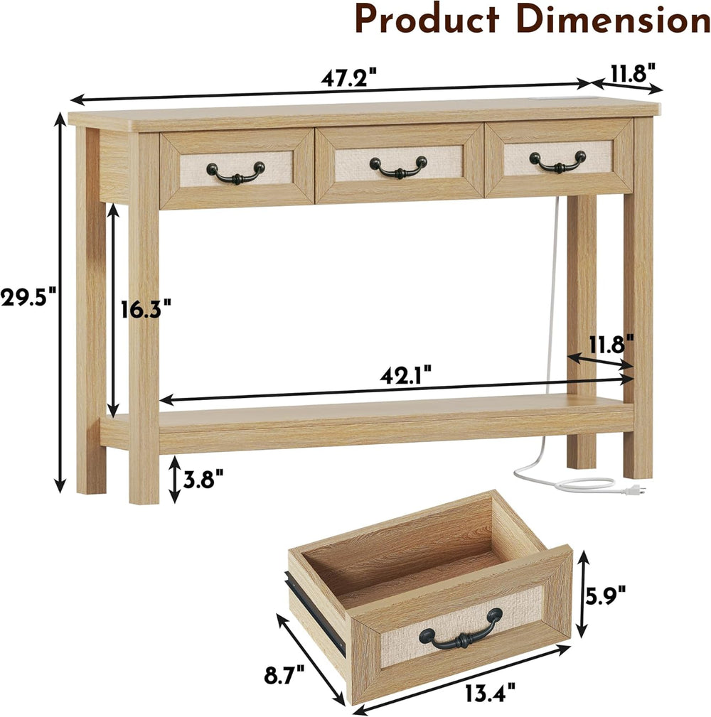 HUAHUU 47.2" Console Table with 3 Rattan Drawers, Long Sofa Table with S...