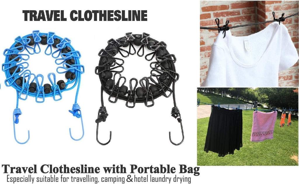 2 Pack Portable Clothesline with 12 Clothespins, Windproof Travel Stretchy Retractable Elastic Laundry Clothes Line for Backyard, Vacation Hotel, Balcony Drying