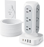 Flat Plug Power Strip Tower, 40W Total Fast Charging Station, Dual PD 20W USB-C Surge Protector with 12 AC Outlets and 8 USB Ports (4 USB C), 15FT Extension Cord for Home Office Dorm Room