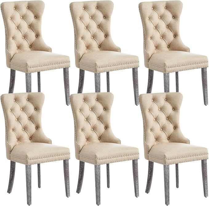 Leather Dining Chair Set of 6, Dining Room Chairs with Nailhead Ring Pull Trim, Upholstered Dining Chairs with Solid Wood Legs for Kitchen Dining Room (Beige)