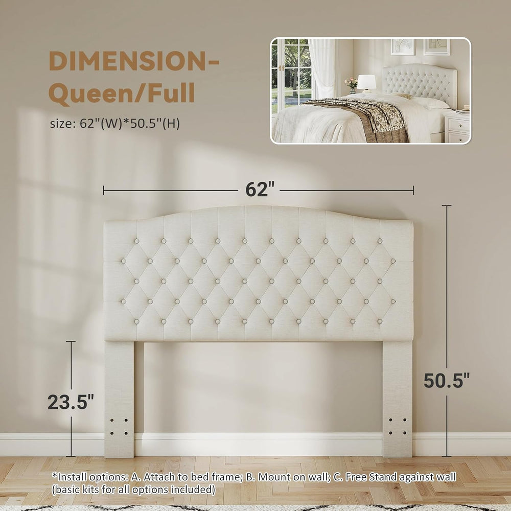 Befurtori Queen Headboard Only, Linen Classic Tufted Design, Ivory