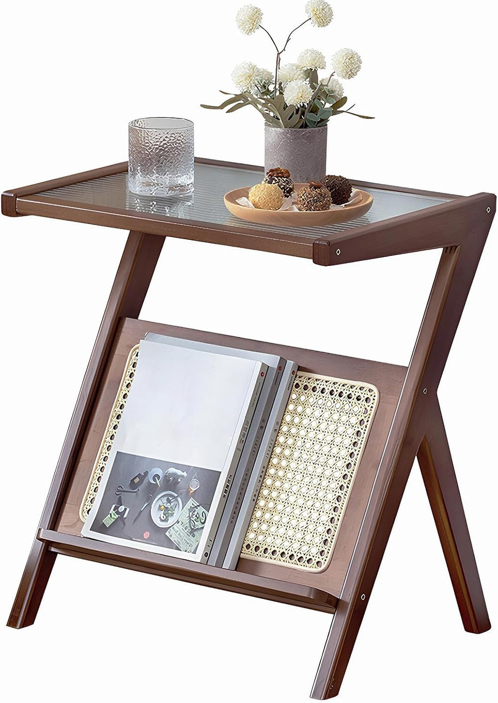 Boho Rattan Side Table, Wooden Accent Table with Magazine Storage Shelf, Mid ...
