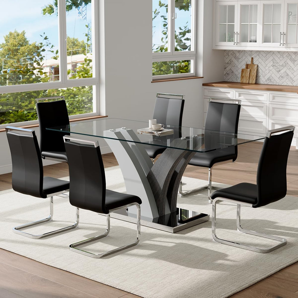 Glass Dining Table Set for 6, 71” Kitchen Table Set for 6, Large Dining Room ...