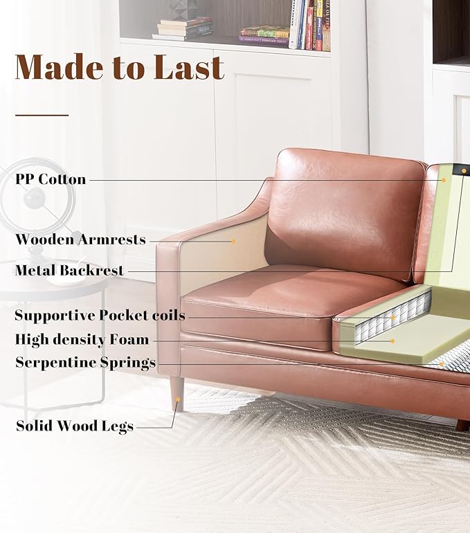 Kingfun Living Room Furniture Sets, 3 Seater Couch and Loveseat, Mid Century Modern Sofa Set, Faux Leather Couch with Solid Wood Frame for Living Room & Bedroom, Dark Brown