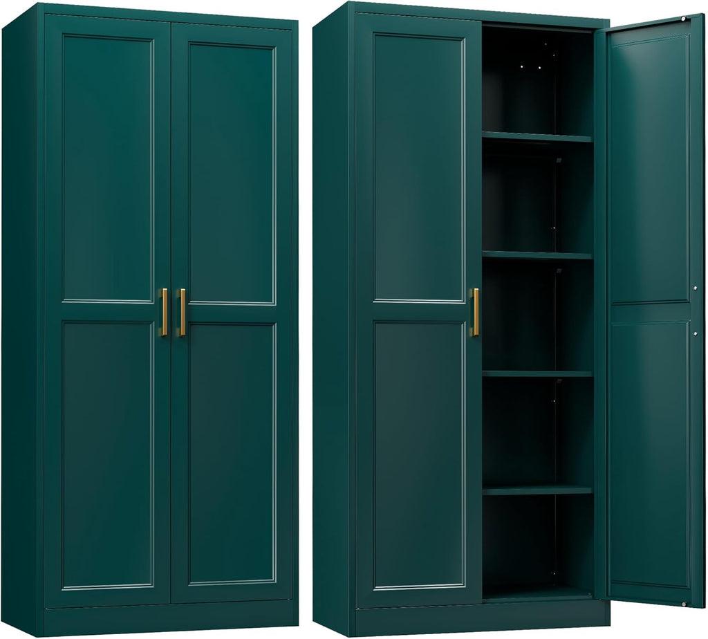 SteeLoong Kitchen Pantry Cabinet,71”Green Metal Pantry Storage Cabinets with Doors and 4 Adjustable Shelves,Kitchen Cabinet with 2 Gold Handles,Tall Cabinet for Livingroom, Bathroom