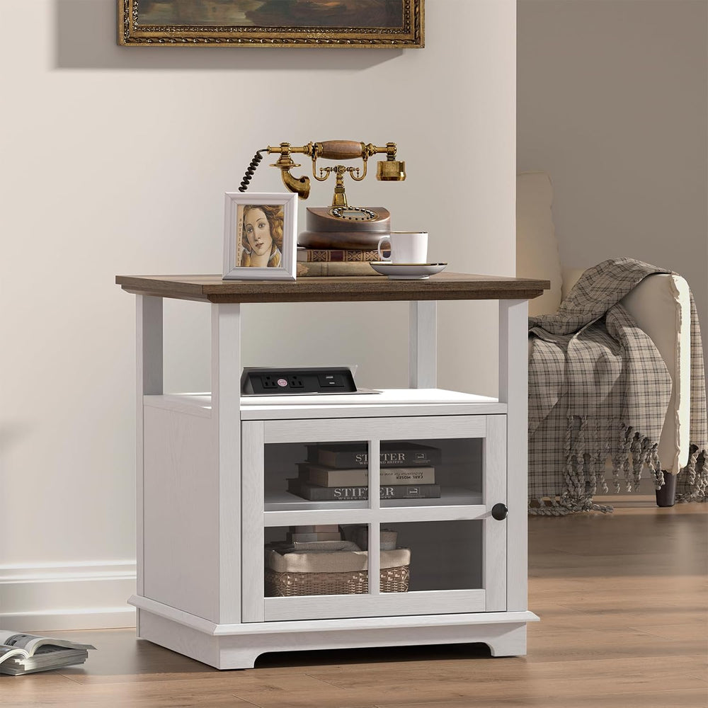 HIFYOBRO 24''Tall White End Table with Charging Station, Adjustable S...