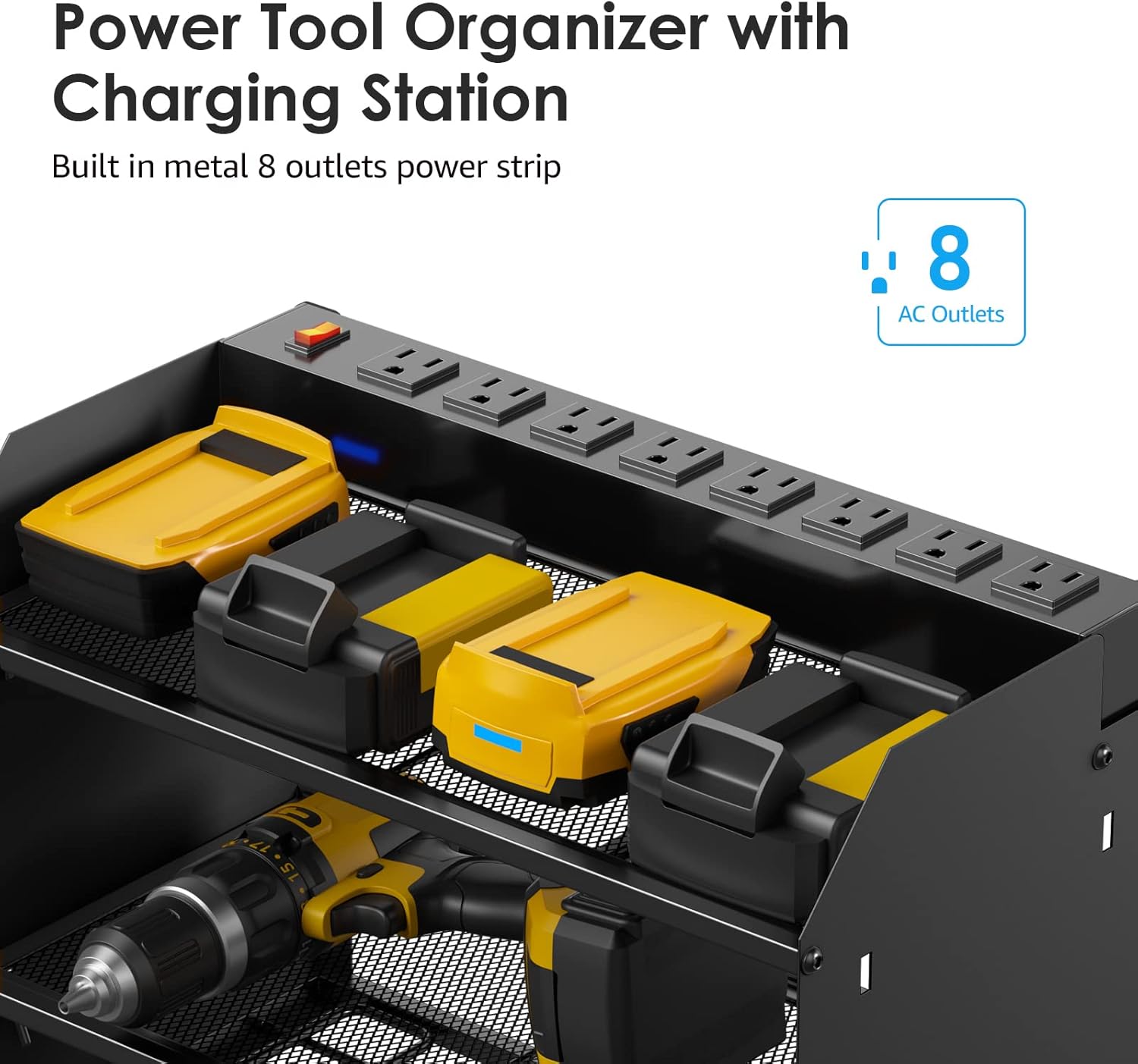 CCCEI Modular Power Tool Organizer Wall Mount with Charging Station. Garage Drill Storage Shelf with Hooks, Heavy Duty Rack, Tool Battery Holder Built in 8 Outlet. Gift for Men. Black, 2 Pack.