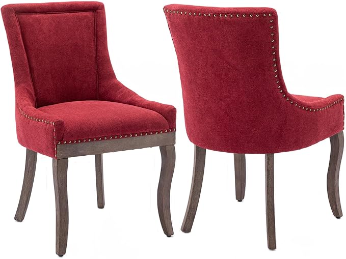 Burgundy Dining Chairs Set of 2, Kitchen & Dining Room Chairs, Fabric Upholstered Dinning Chairs, Sillas De Comedor, Nailhead Trim, Wood Legs (Red, 2 Pcs)