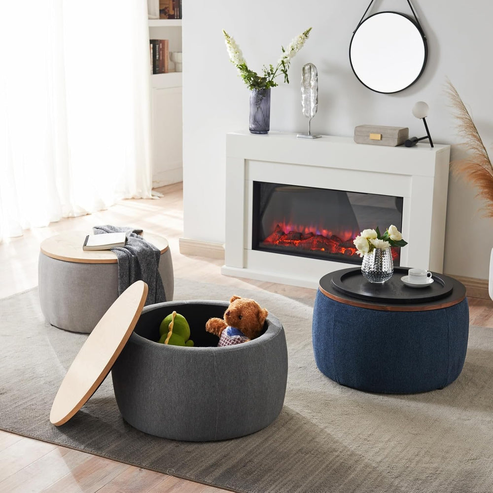 Round Storage Ottoman, 2 in 1 Function, Work as End Table and Ottoman, Navy (...