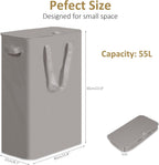 efluky Slim Laundry Basket with Lid, Narrow Laundry Hamper with Handles, Collapsible Dirty Clothes Hamper, Tall Laundry Bin for Laundry Room, Dorm and Bedroom, 55L Grey