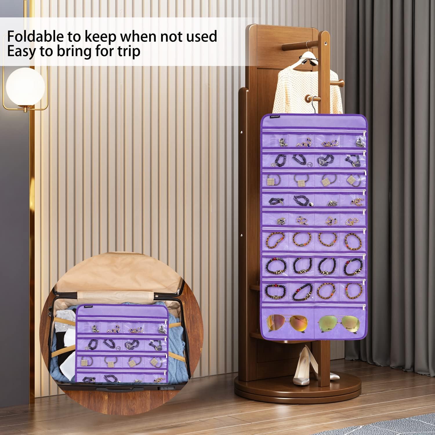Dual-sided Hanging Jewelry Organizer Necklace Holder Jewelries Storage with 34 Zippered Pockets and 14 Dustproof Hook Loops (PURPLE)