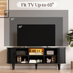 TV Console with Power Outlet-55" Entertainment Center with Sliding Tambour Door, Modern TV Stands for Living Room Bedroom, LED Media Stand with Storage Cabinet and Adjustable Shelves, Black