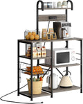 35.4 inch Kitchen Bakers Rack with Power Outlet, Coffee Bar Table & Microwave Oven Stand, Storage Shelf Rack with Wire Basket & 6 S-shaped Hooks for Spices, Pots and Pans - Grey