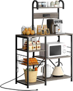 35.4 inch Kitchen Bakers Rack with Power Outlet, Coffee Bar Table & Microwave Oven Stand, Storage Shelf Rack with Wire Basket & 6 S-shaped Hooks for Spices, Pots and Pans - Grey