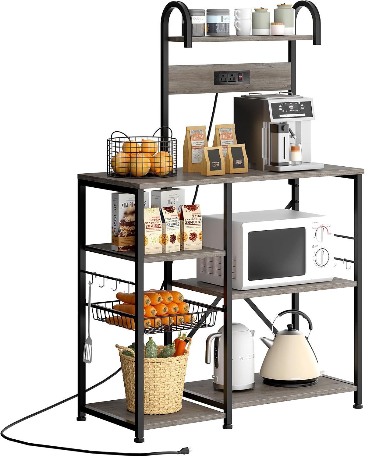 35.4 inch Kitchen Bakers Rack with Power Outlet, Coffee Bar Table & Microwave Oven Stand, Storage Shelf Rack with Wire Basket & 6 S-shaped Hooks for Spices, Pots and Pans - Grey