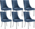 Dining Chairs Set of 6，Modern Channel Tufted Upholstered Dining Chairs with Silver Stainless Steel Legs, Comfortable Chenille Fabric Kitchen Chairs for Dining Room (Blue, 6pc)