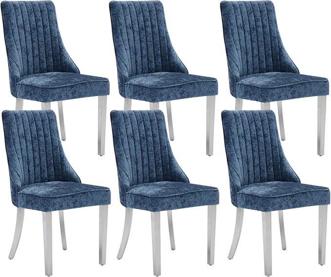 Dining Chairs Set of 6，Modern Channel Tufted Upholstered Dining Chairs with Silver Stainless Steel Legs, Comfortable Chenille Fabric Kitchen Chairs for Dining Room (Blue, 6pc)