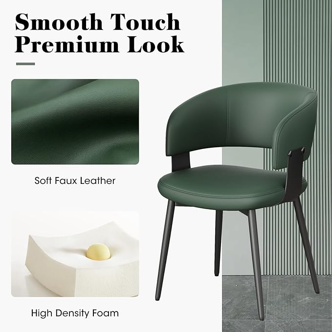 Modern Dining Chairs Set of 6, Faux Leather Upholstered Kitchen Chairs with Curved Back and Metal Legs, Mid Century Chairs for Dining Room, Kitchen, or Café (Green)