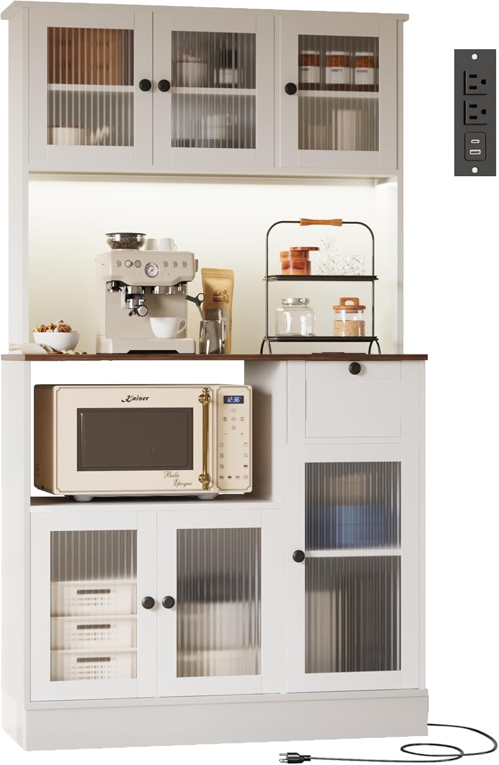 71" Kitchen Hutch Cabinet, White and Walnut Tabletop | for Living & ...