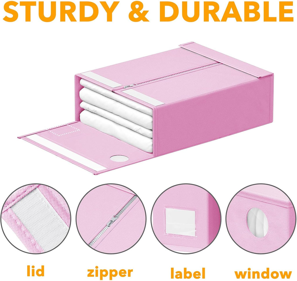 SpaceAid 8 Pack Bed Sheet Organizers and Storage, Foldable Organizer for Linen Closet, Set Folder Keeper with Window XL (Queen & King Size) Bedding Container (Pink, 8 Pack)