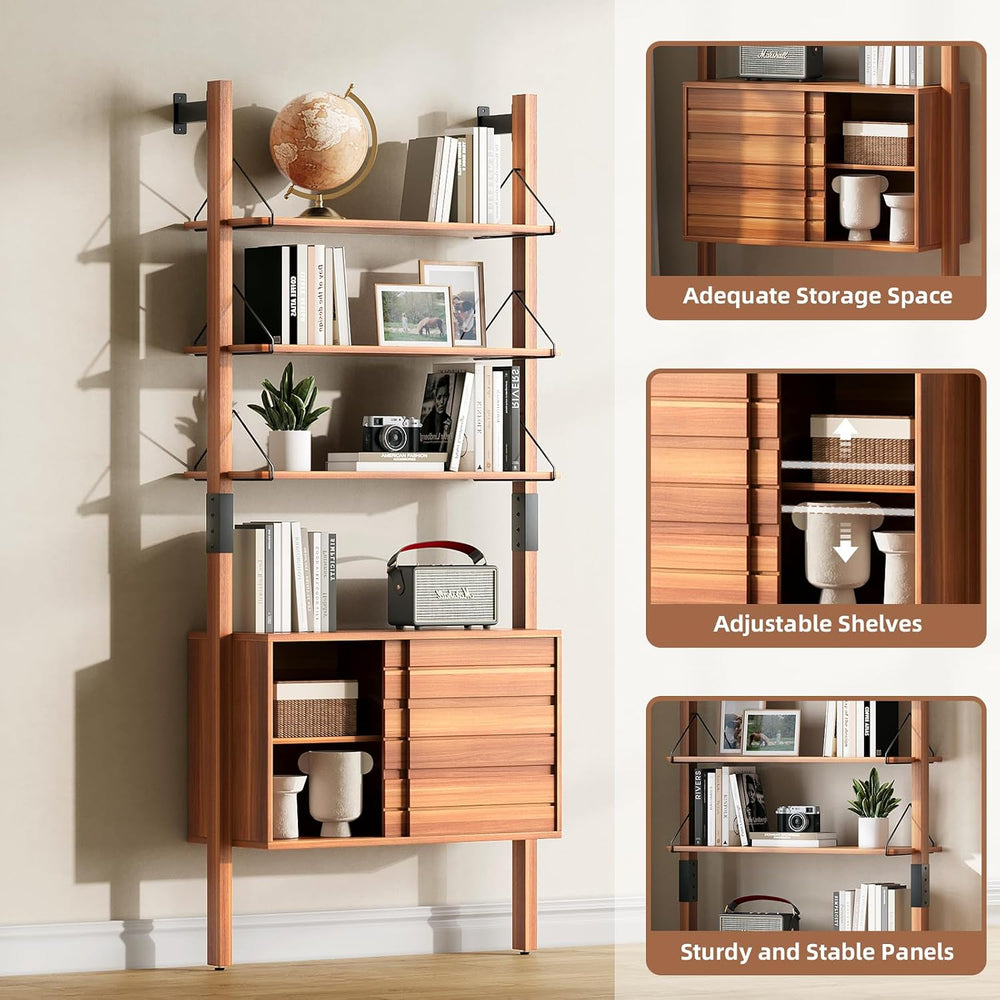 JOINICE 6 Tier Ladder Bookshelf with Storage Cabinet for Living Room,Cherry