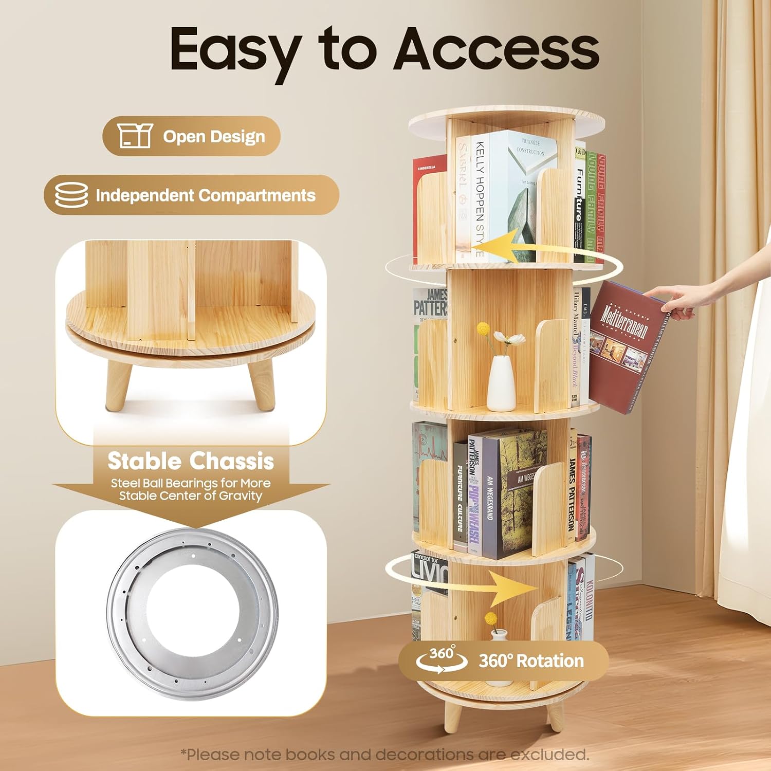 Wooden Rotating Bookshelf 360 Display Floor Standing Bookcase Storage Rack for Kids&Adults Multi-Functional Bookshelf Organizer (4-Tier)
