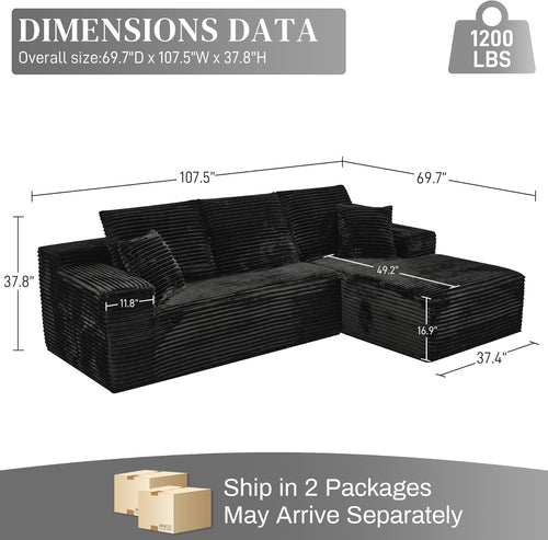 108" Boneless Couches for Living Room, L Shaped Comfy Cloud Modular Sectional Memory Foam Deep Seat Boneless Couch, No Assembly Required Boneless Sofa for Living Room with Right Facing Chaise, Black