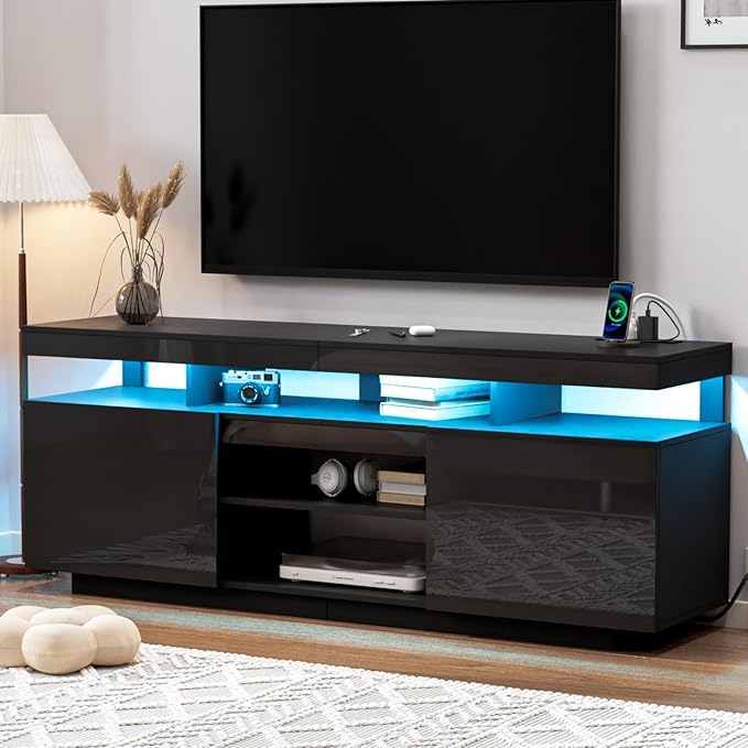 HOMMPA 75 Inch LED TV Stand, Modern Tall Entertainment Center with Power Outlets for Living Room, Bedroom, High Gloss Black TV Console with Storage, Gaming Media Cabinet for 75/70/65/55 Inch TVs